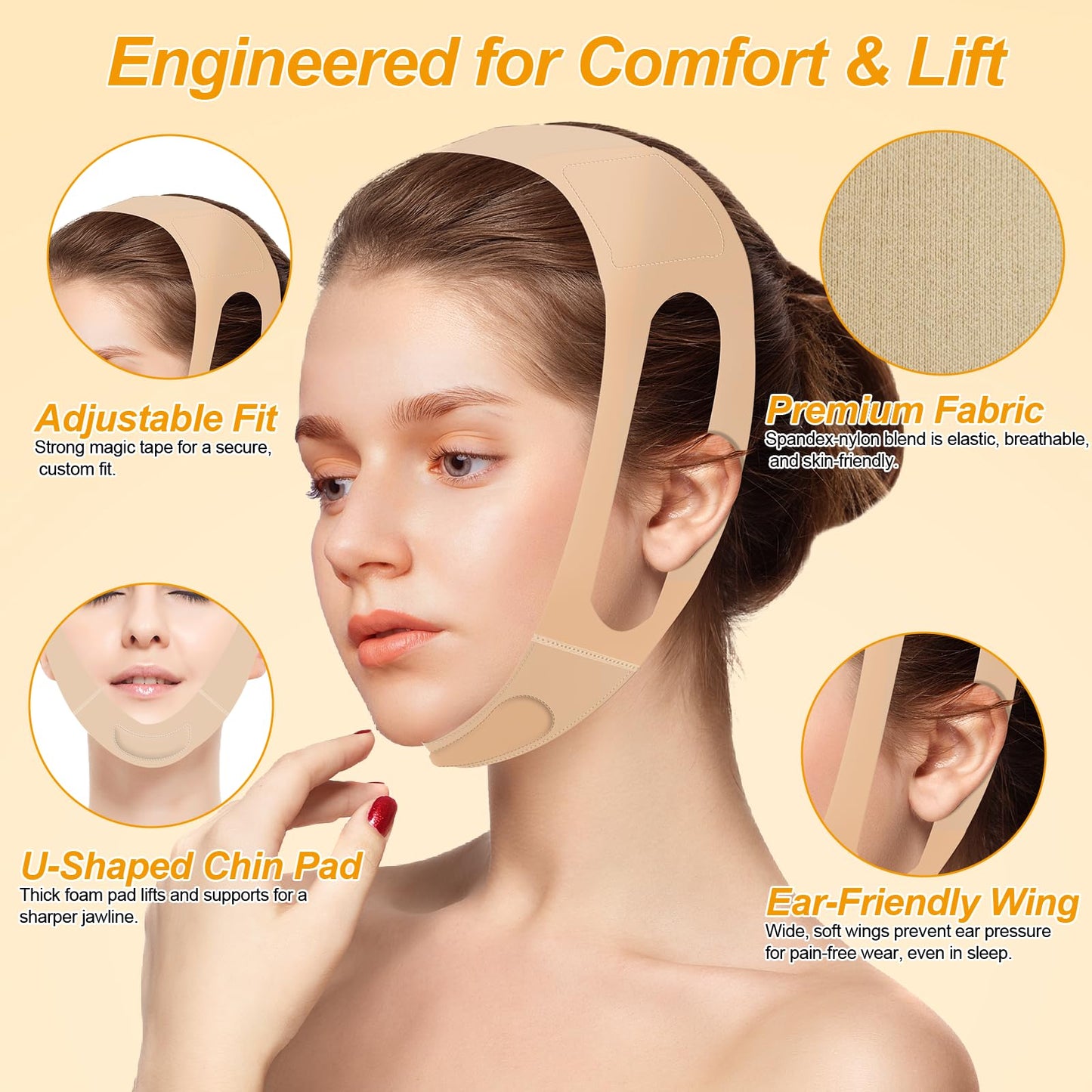 V Line Lifting Mask with Ear-Friendly Design, Chin Strap for Sleeping, U-Shaped Pad for Double Chin Support, Reusable V Shaped Face Slimming Strap for Women Jawline Lifting Belt
