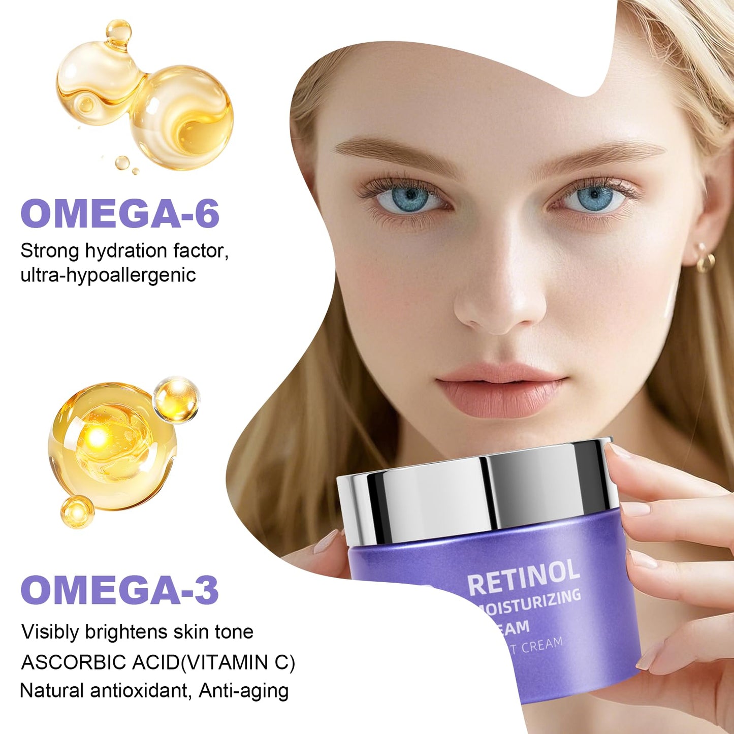 Retinol & Hyaluronic Acid Night Cream, Anti-Aging Face Moisturizer，Anti-Aging Retinol Face Cream for Women, Firms Skin to Fight Fine Lines, Wrinkles & Dark Spots, 1.7 oz