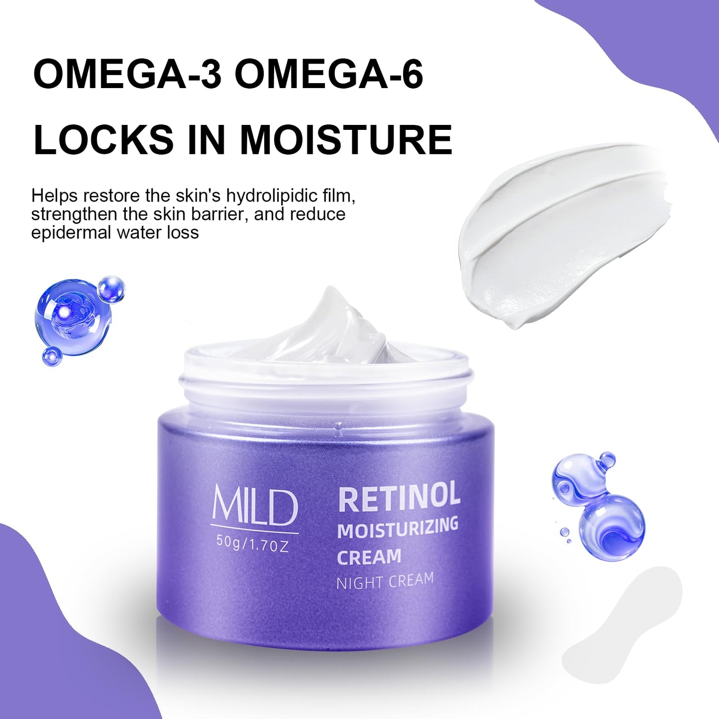 Retinol & Hyaluronic Acid Night Cream, Anti-Aging Face Moisturizer，Anti-Aging Retinol Face Cream for Women, Firms Skin to Fight Fine Lines, Wrinkles & Dark Spots, 1.7 oz